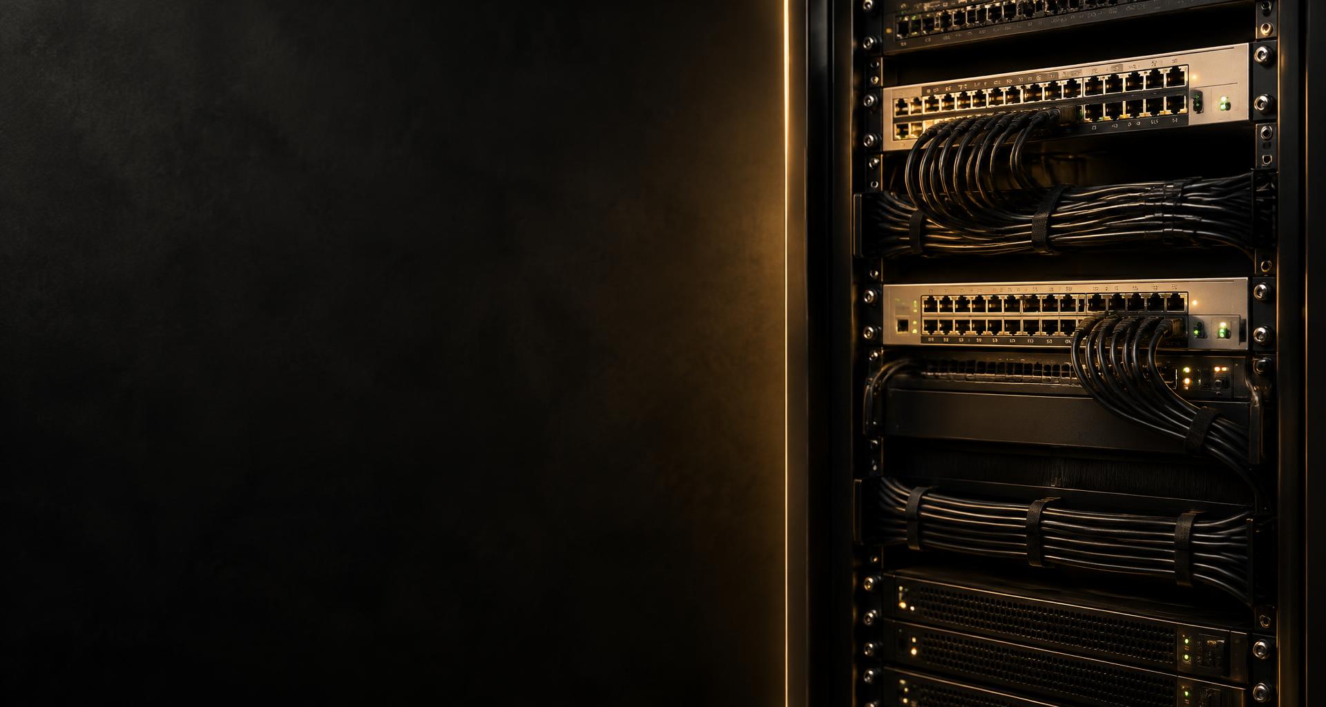 Rack com switches e equipamentos de infraestrutura de redes